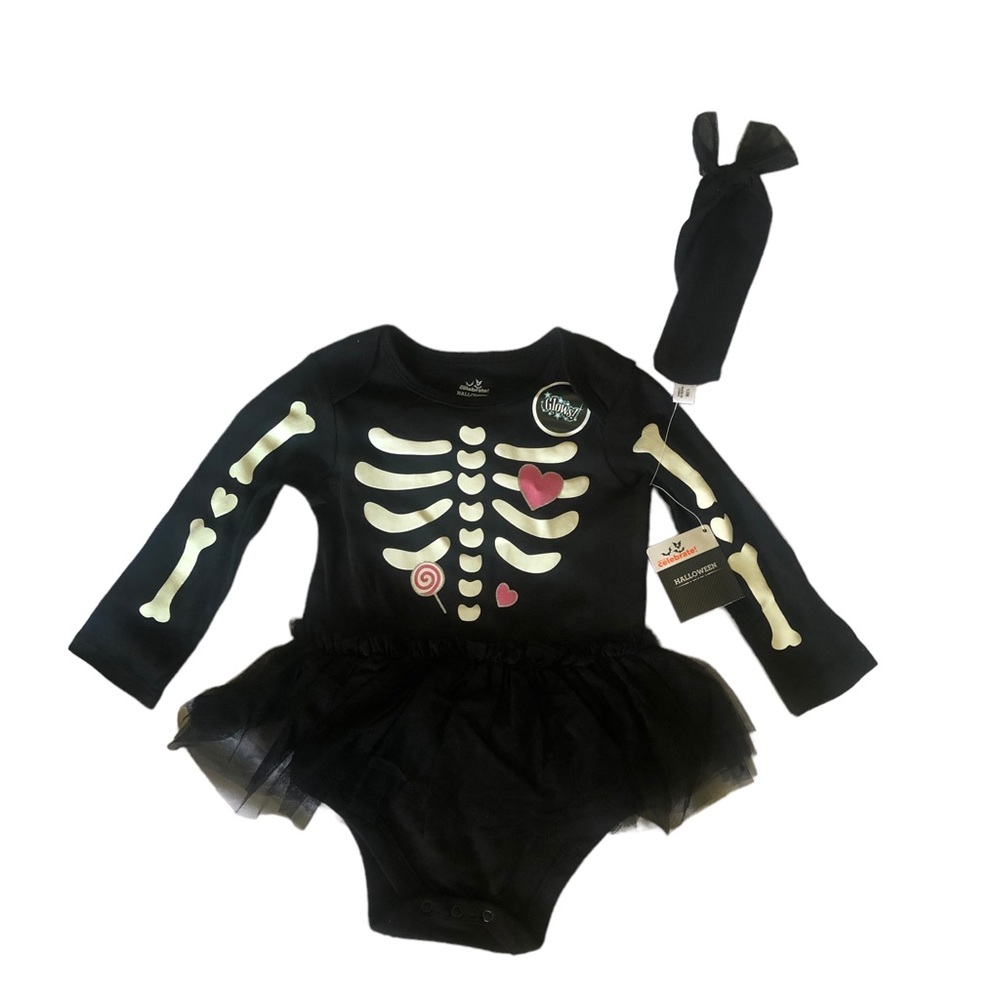 NWT glow in the dark Baby Skeleton Romper w tutu. & headband 12m & 18m